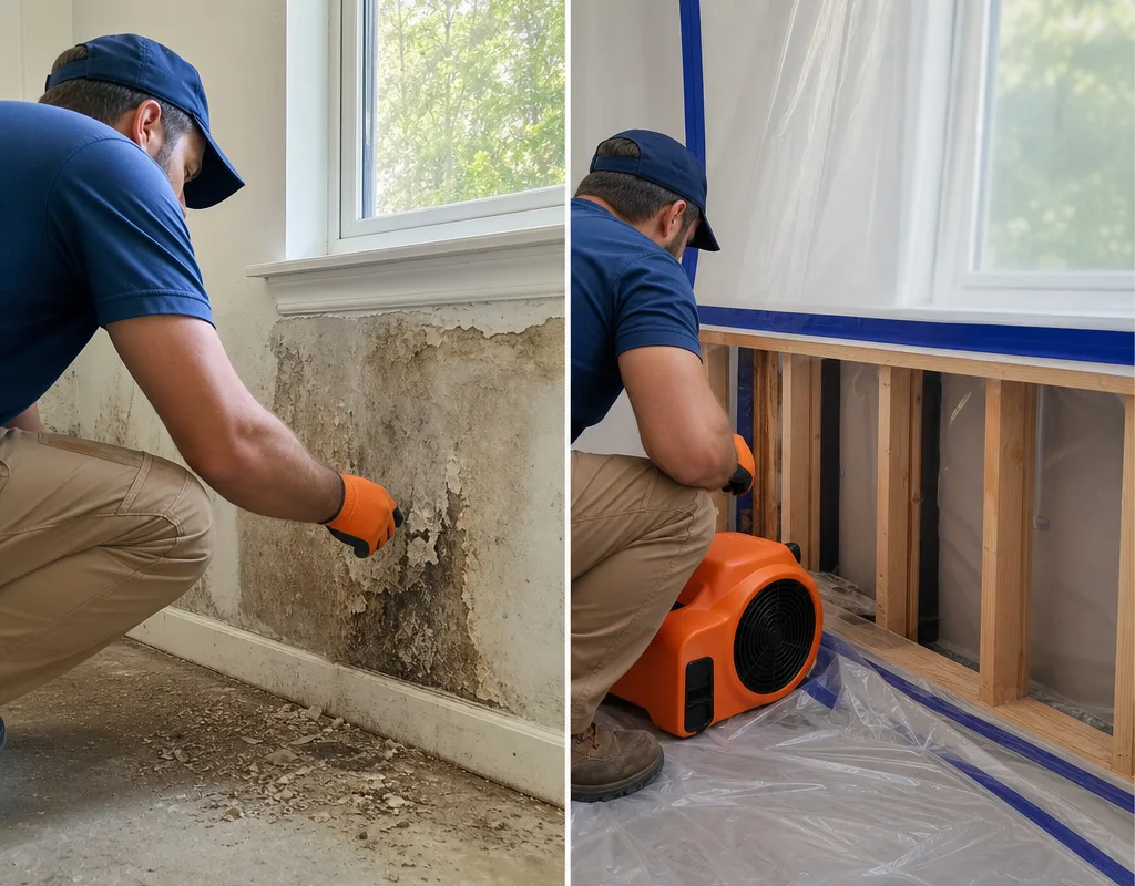 Before-and-after view of stained drywall opened with clean cut lines for controlled drying
