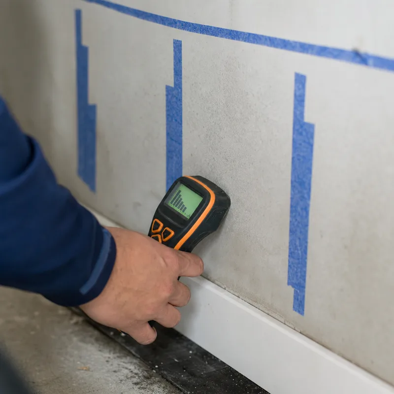 Technician taking a moisture meter reading near a baseboard with moisture-map markings