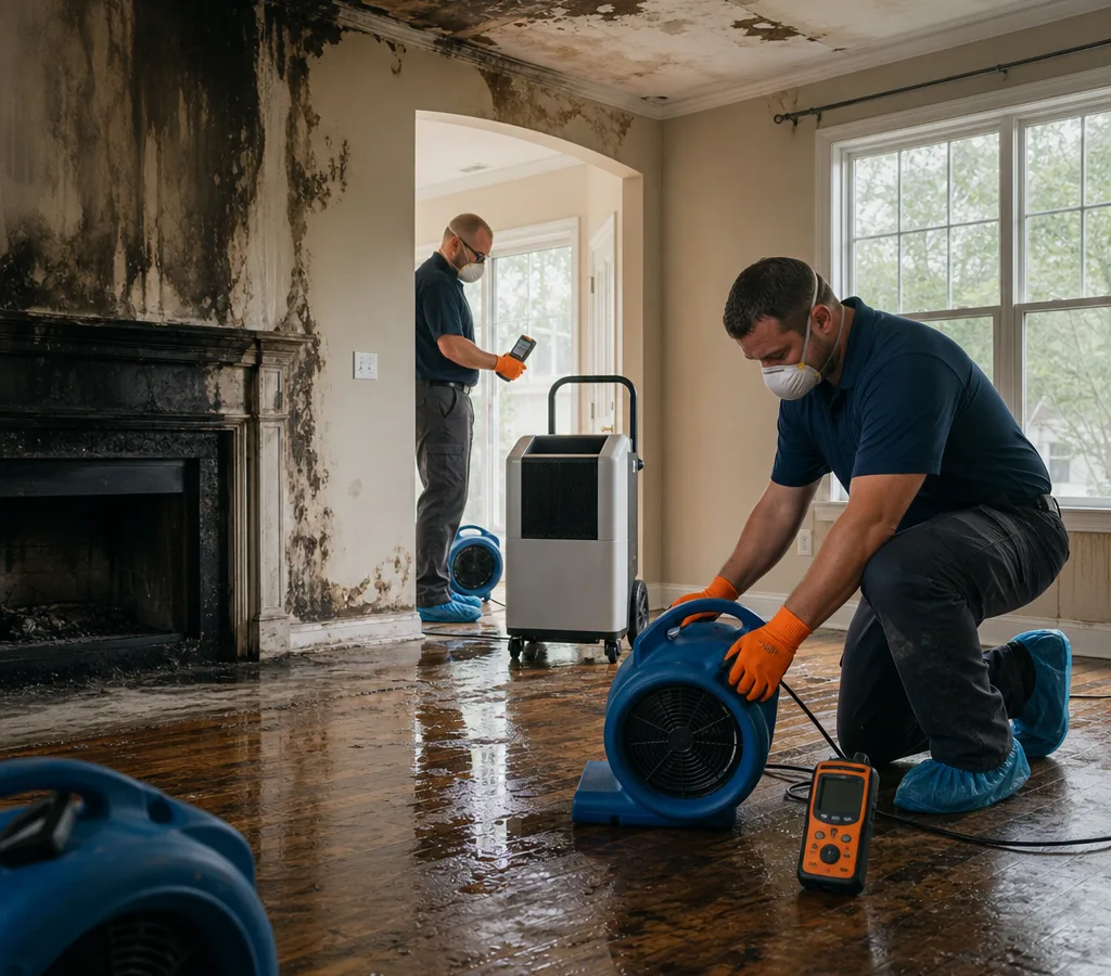 Restoration technicians setting up air movers and a dehumidifier in a water-damaged Atlanta living room
