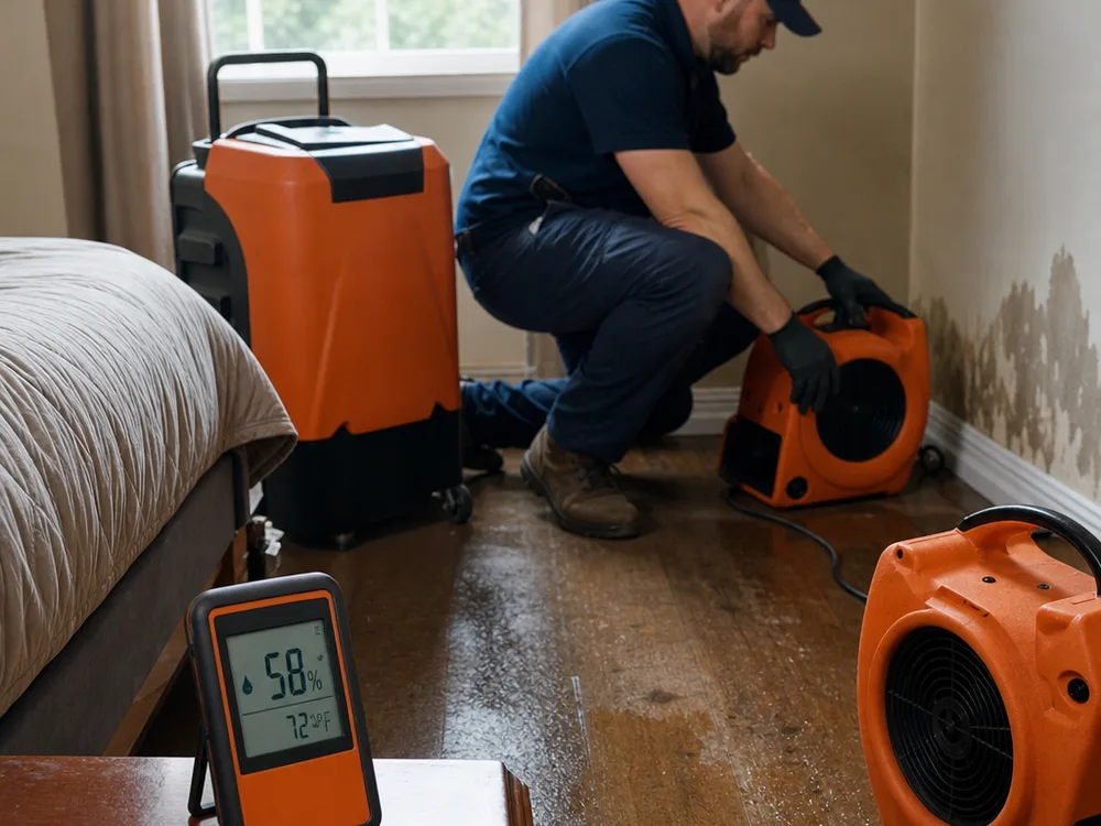 Air movers and a dehumidifier arranged in a bedroom with a hygrometer monitoring conditions