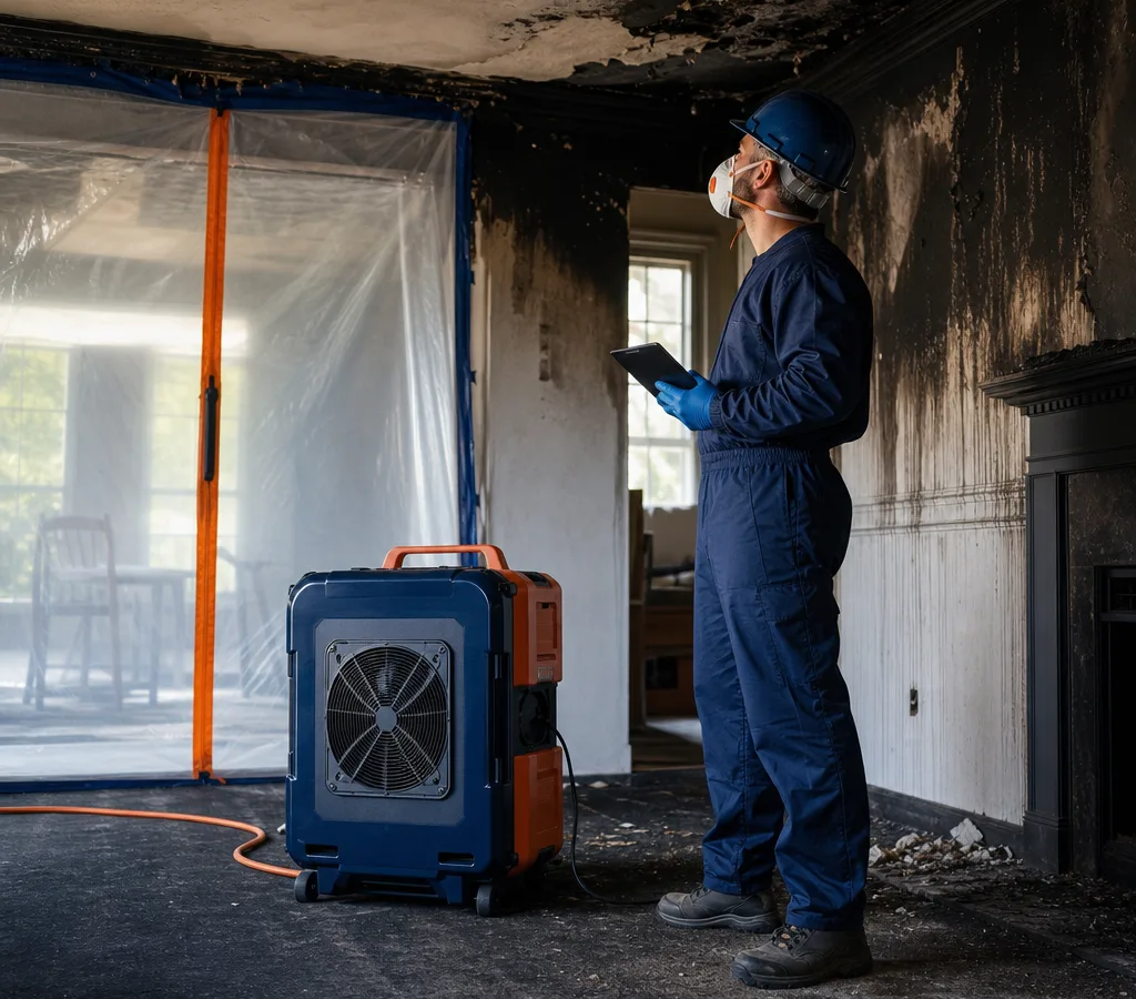 Restoration technician assessing fire and smoke damage inside an Atlanta home with an air scrubber and containment