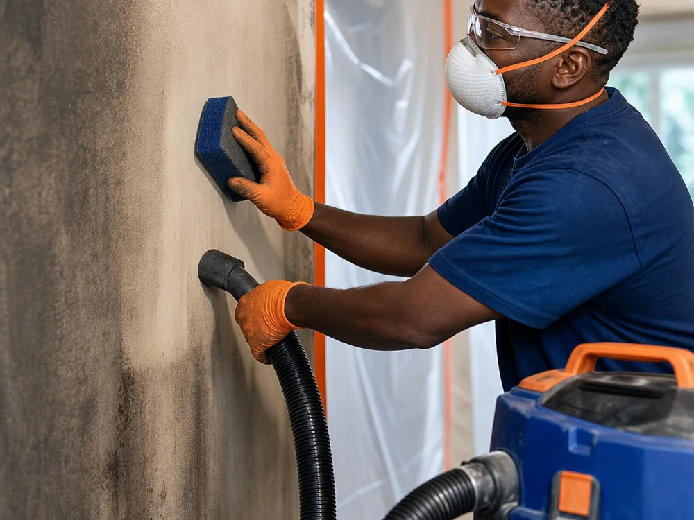 Technician cleaning soot residue from drywall with HEPA equipment and containment in the background