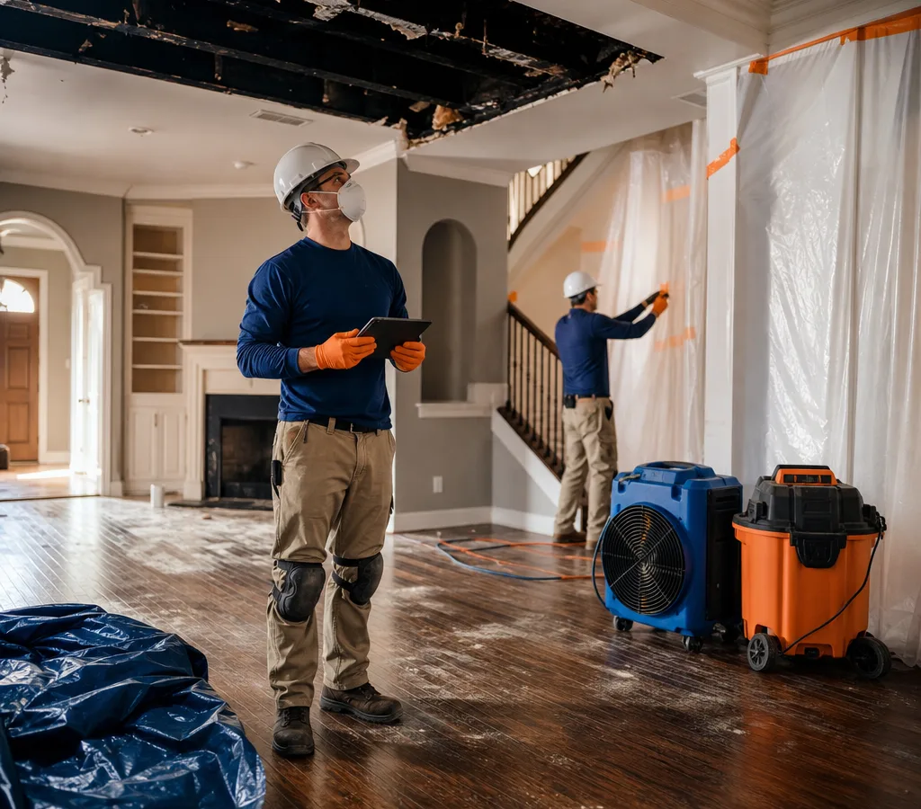 Restoration crew documenting interior damage and setting up containment in an Atlanta home