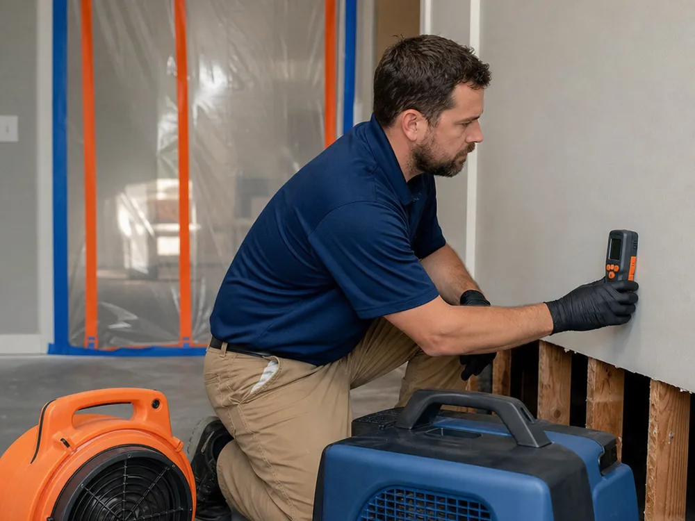 Technician using a moisture meter beside containment and controlled drying equipment