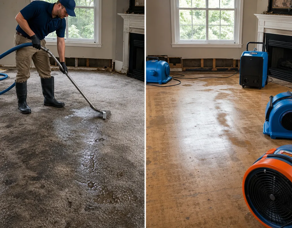 Before-and-after view of a soaked carpeted room and the same room with subfloor drying equipment in place