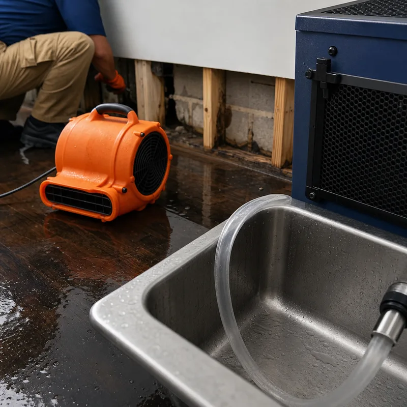 Dehumidifier drain line routed safely to a sink with an air mover positioned at the base of a wall
