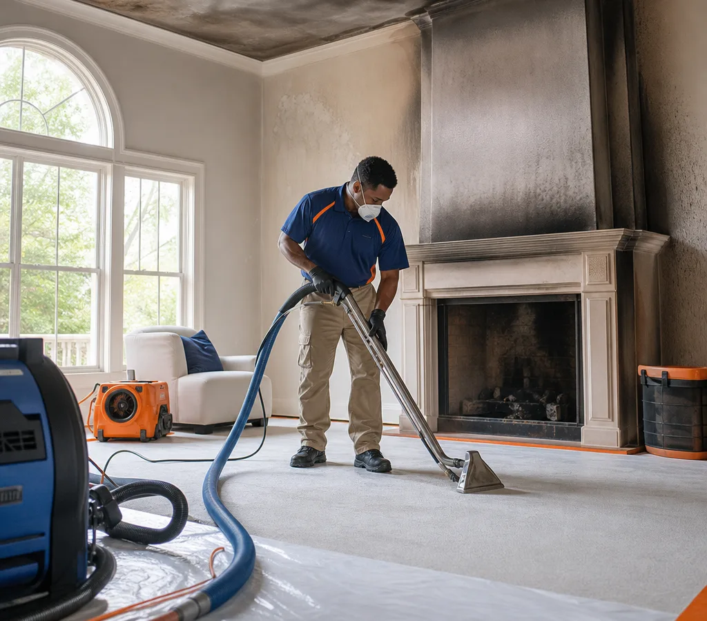 Technician using a commercial water extraction wand in an Atlanta home with protective floor covering and drying equipment nearby