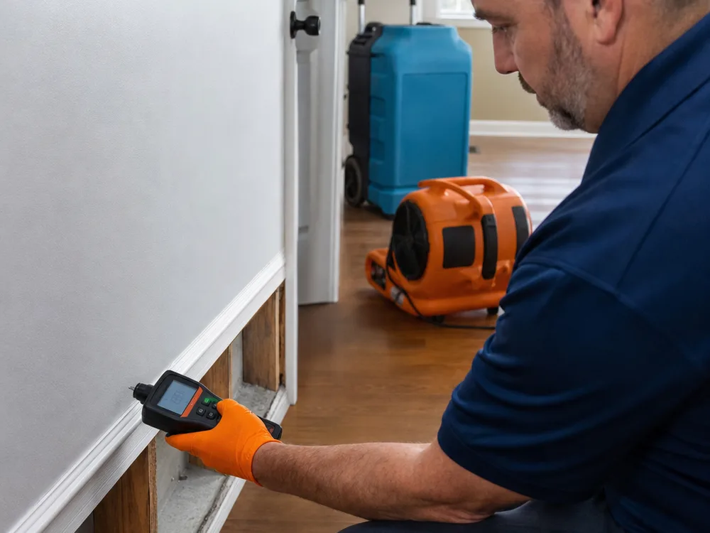 Moisture meter reading on baseboard and drywall with drying equipment running in a residential hallway