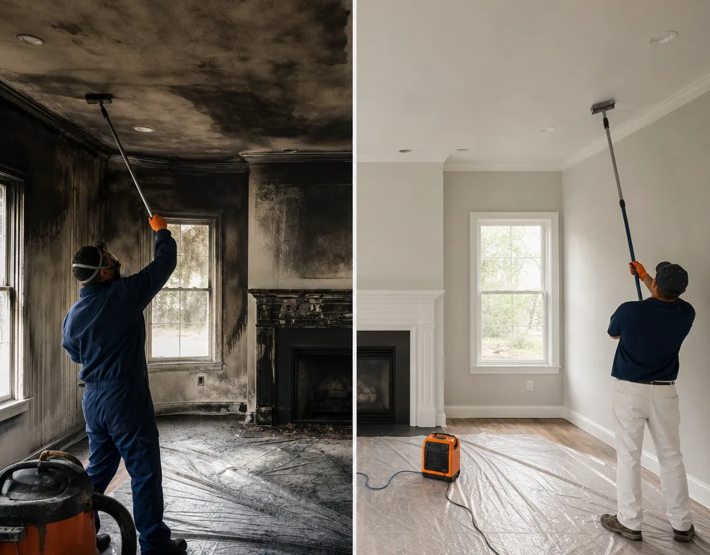 Before-and-after living room showing soot-stained walls and the same room cleaned, sealed, and ready for paint