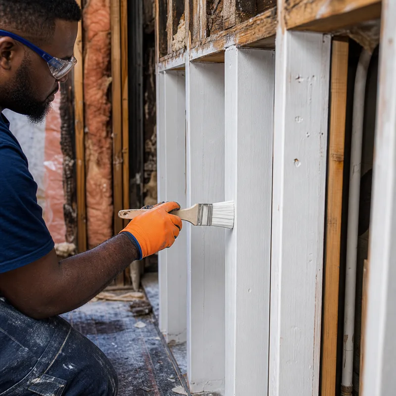 Cleaned structural framing in a partially demolished room with odor-sealing primer applied