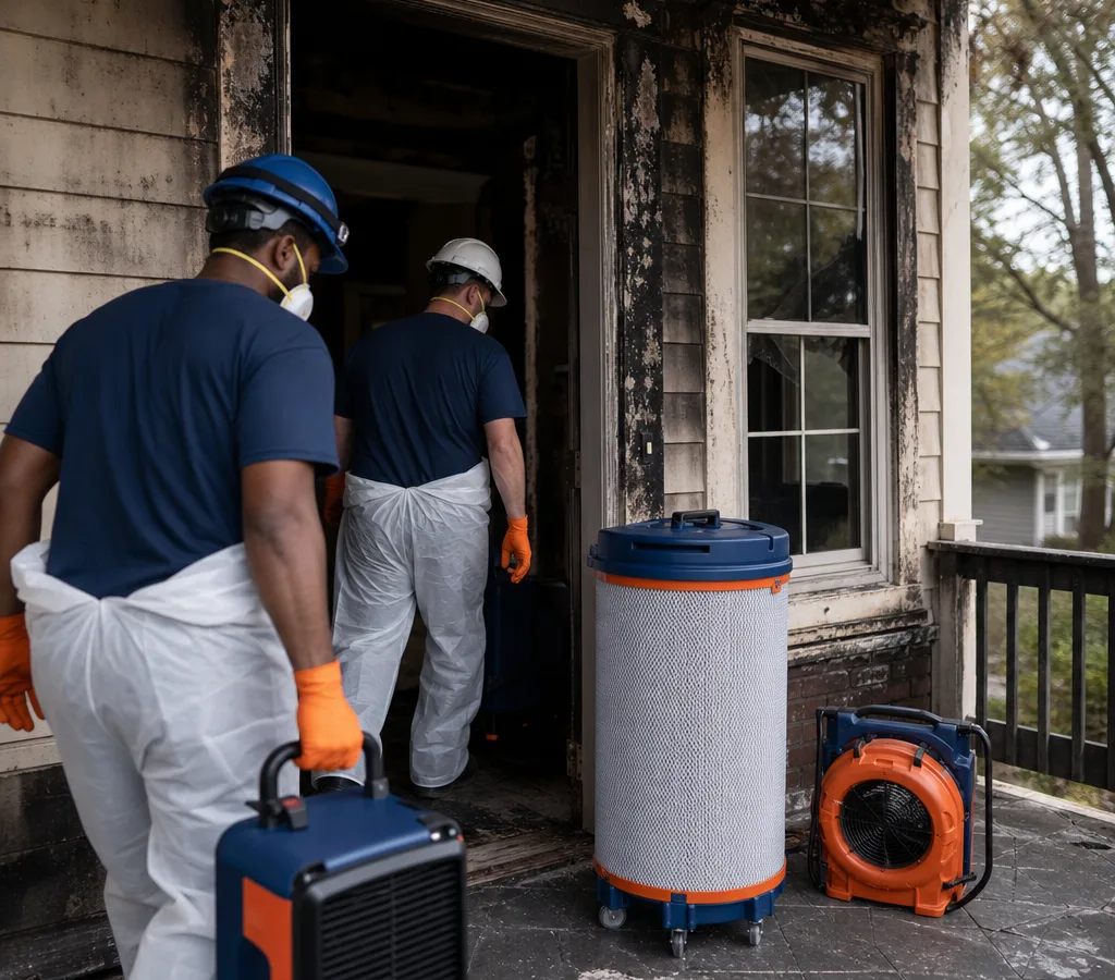 Technicians in protective gear entering a fire-damaged Atlanta home with HEPA filtration equipment staged at the doorway