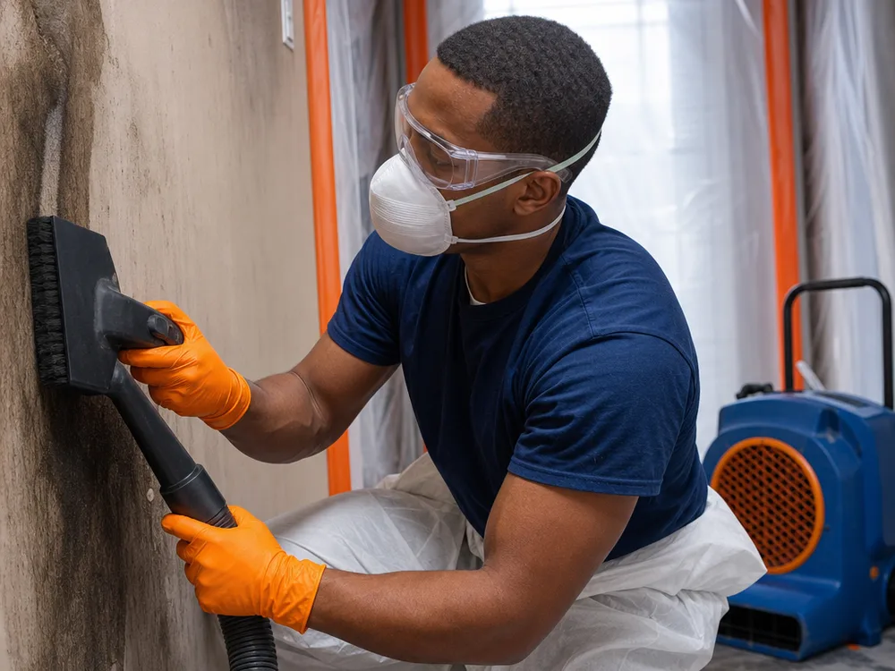 Technician using a HEPA vacuum on a smoke-stained wall beside poly containment and a negative-air machine