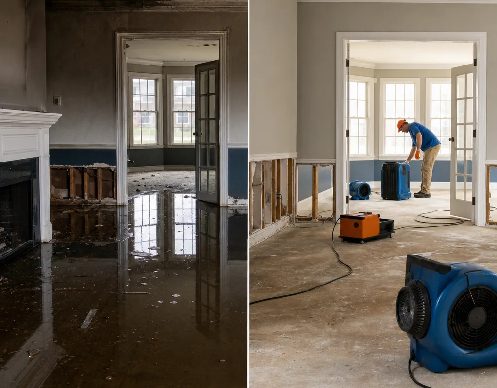 Before-and-after view of standing water followed by extraction, selective material removal, and drying equipment