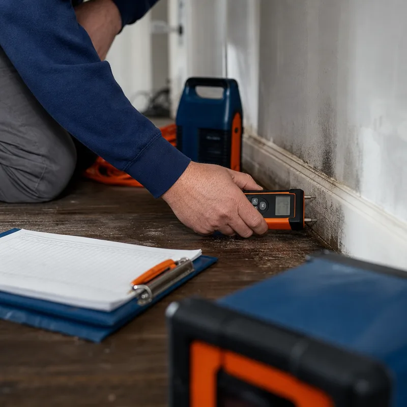 Technician taking moisture readings on baseboards and drywall beside a drying log and mitigation equipment