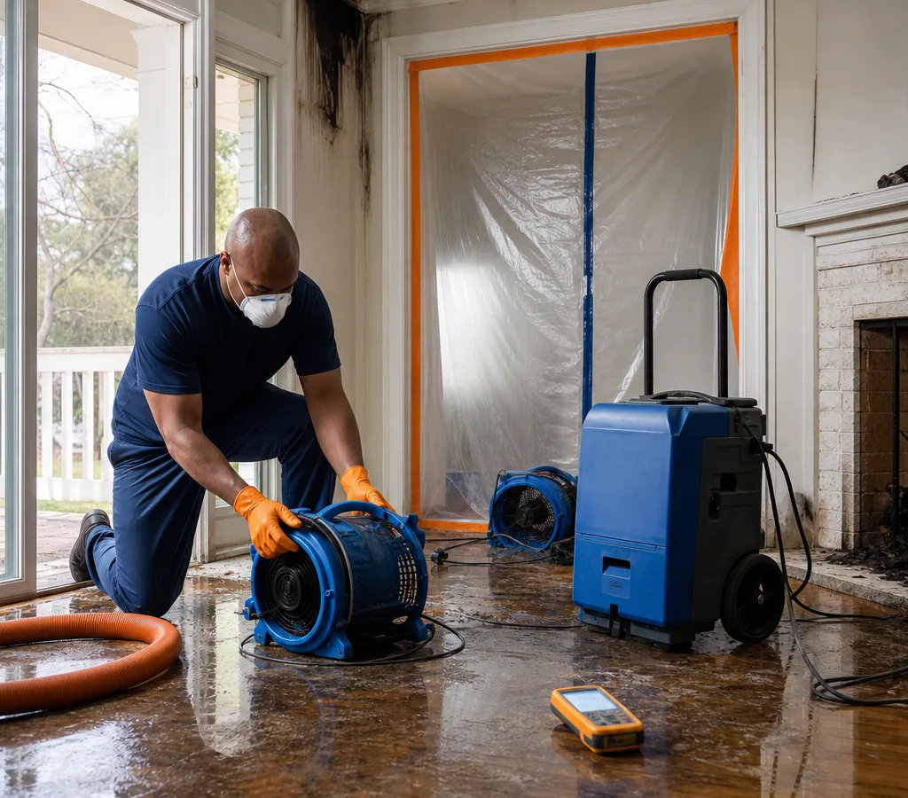 A mitigation technician setting up air movers and a dehumidifier in an Atlanta property with moisture meters and containment visible