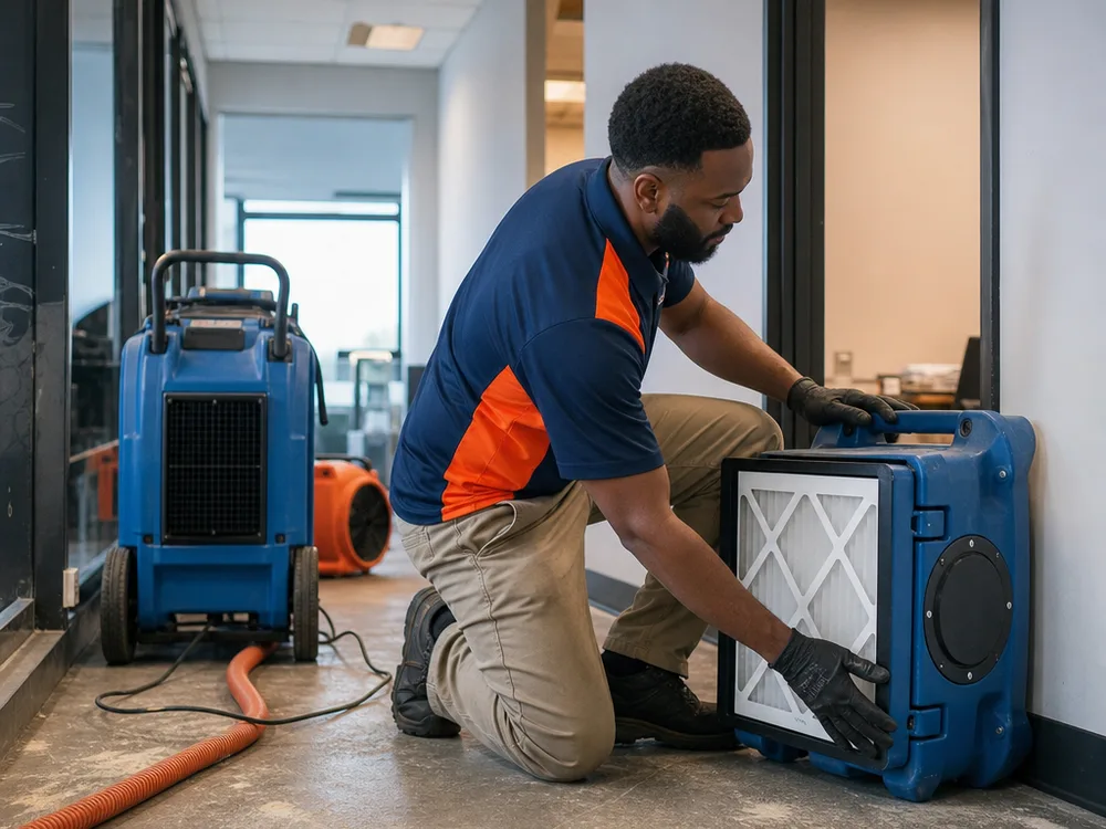 Commercial dehumidifiers and HEPA air filtration operating in an office corridor during mitigation