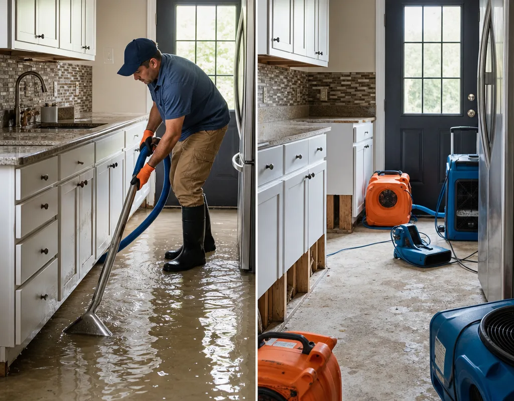 Flooded kitchen before extraction and the same area staged with drying equipment and baseboards removed