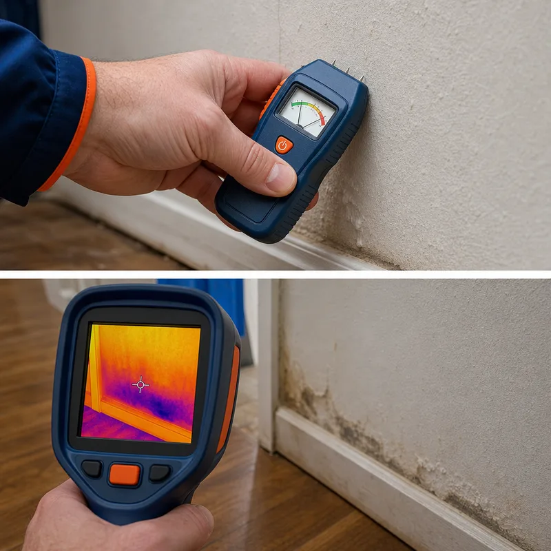 Technician checking flood moisture near a baseboard with a moisture meter and thermal camera