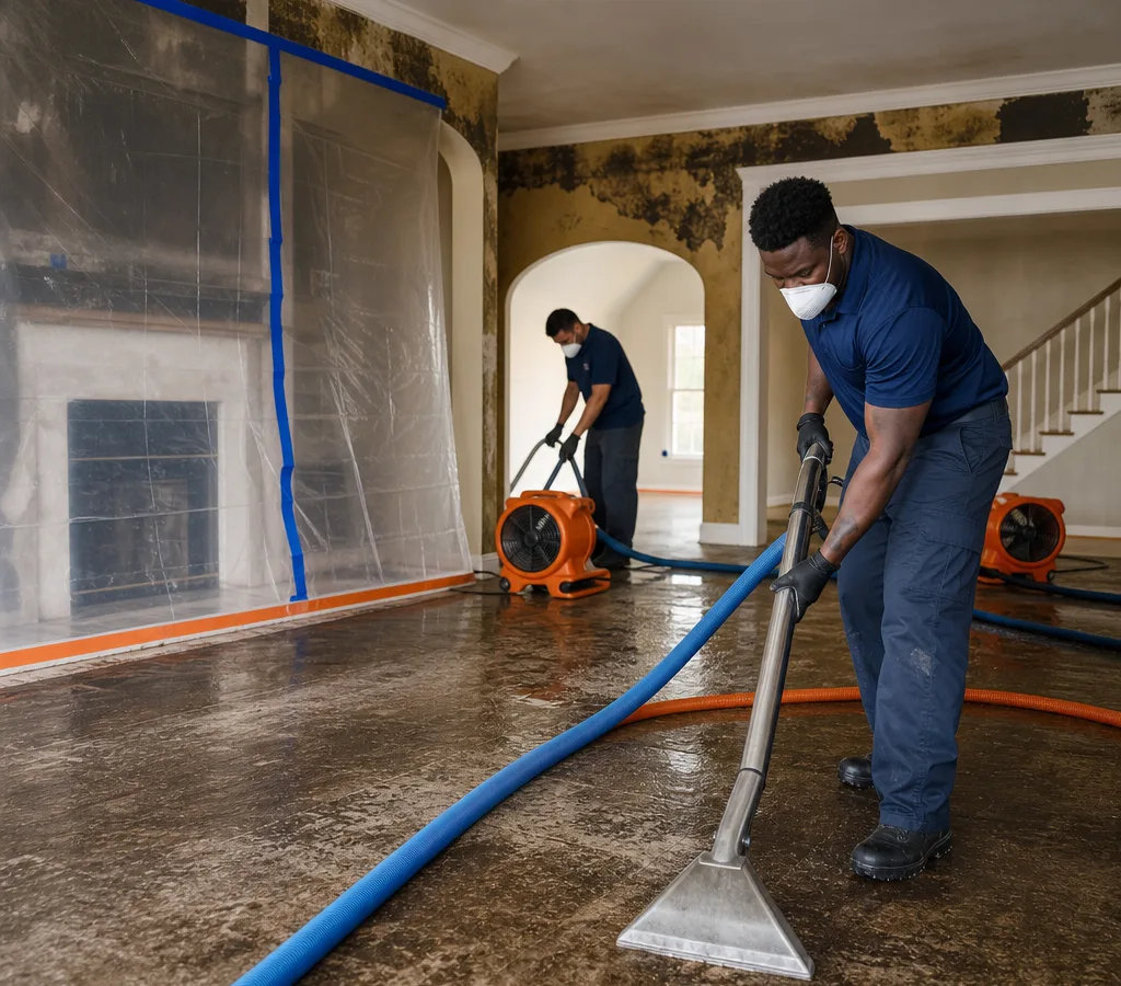 Technicians using extraction equipment and air movers in a water-damaged Atlanta living room with containment in place