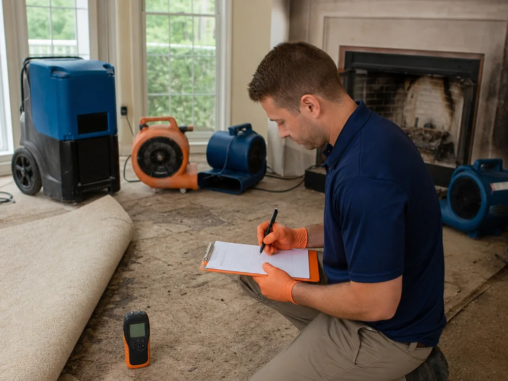 Dehumidifiers and air movers drying a living room while moisture readings are documented