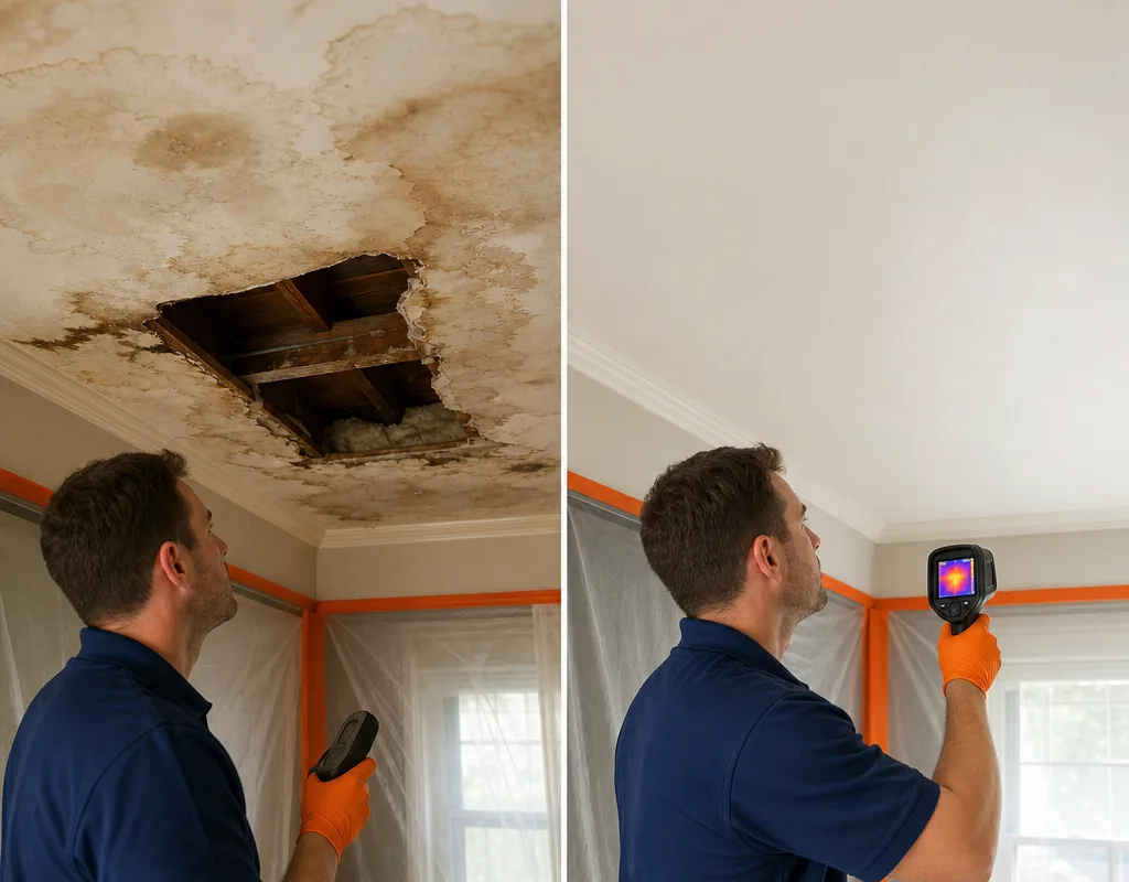 Water-stained ceiling before opening and the same area dry and ready for repair