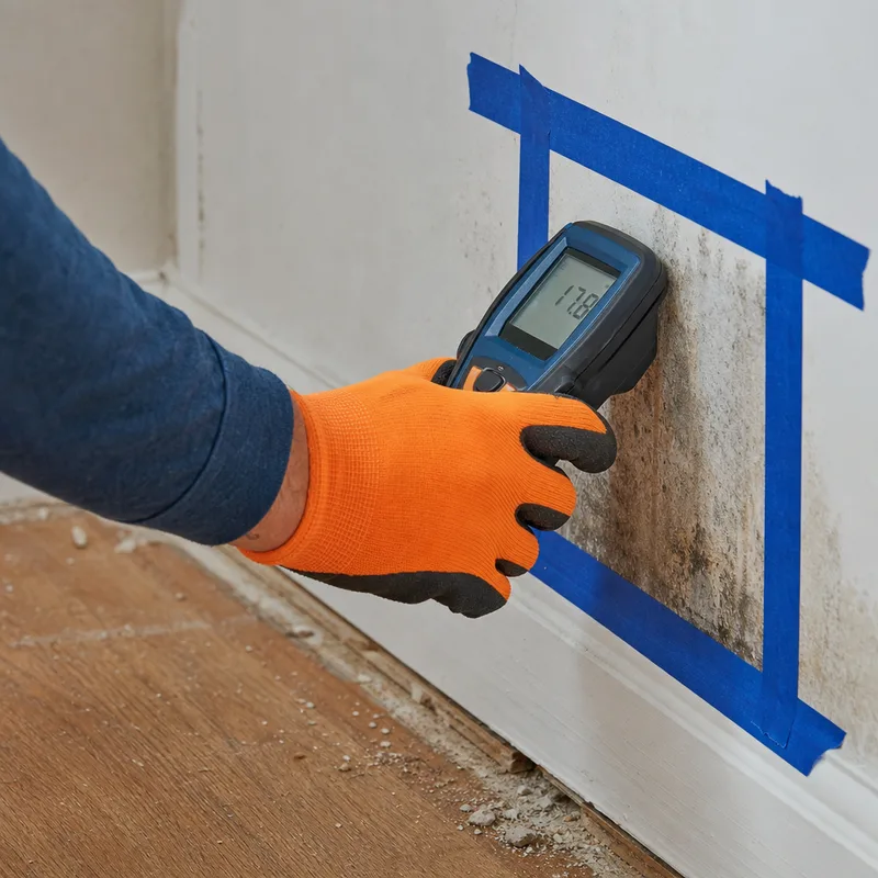 Moisture meter reading on drywall near a baseboard with inspection markings