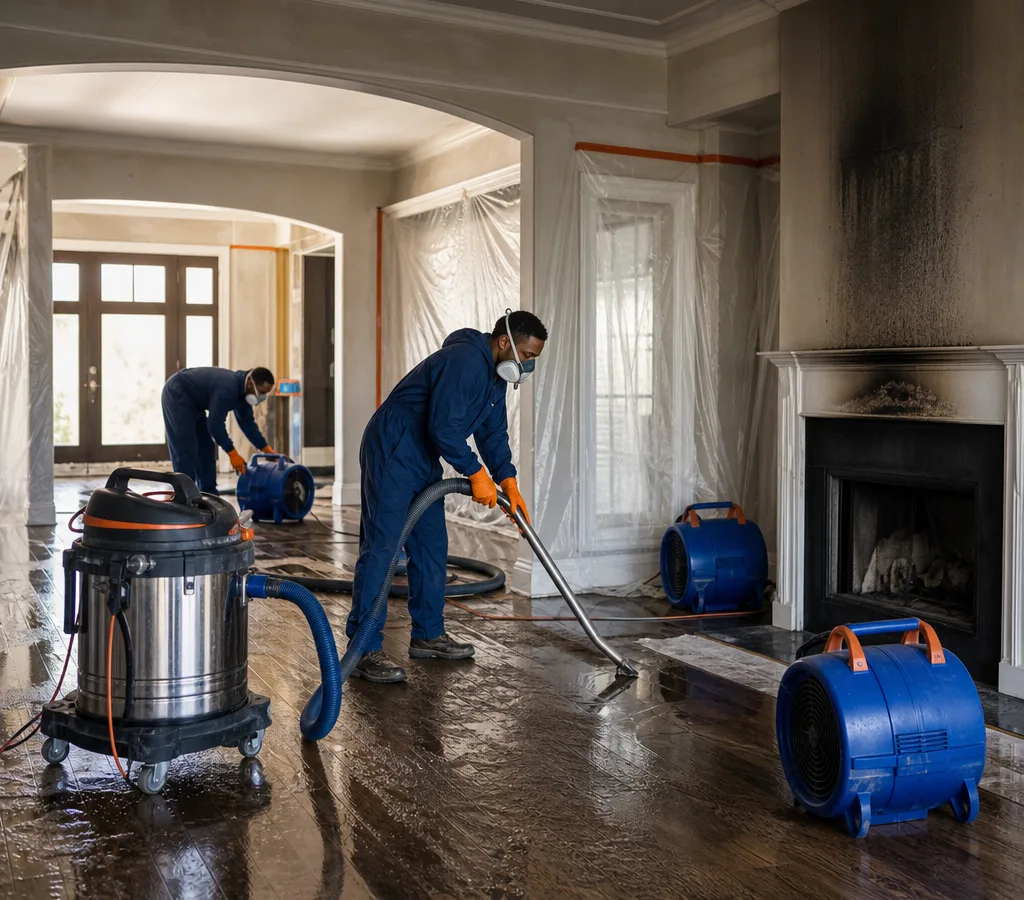 Technicians using a wet vacuum and setting air movers near water-damaged hardwood flooring in an Atlanta home