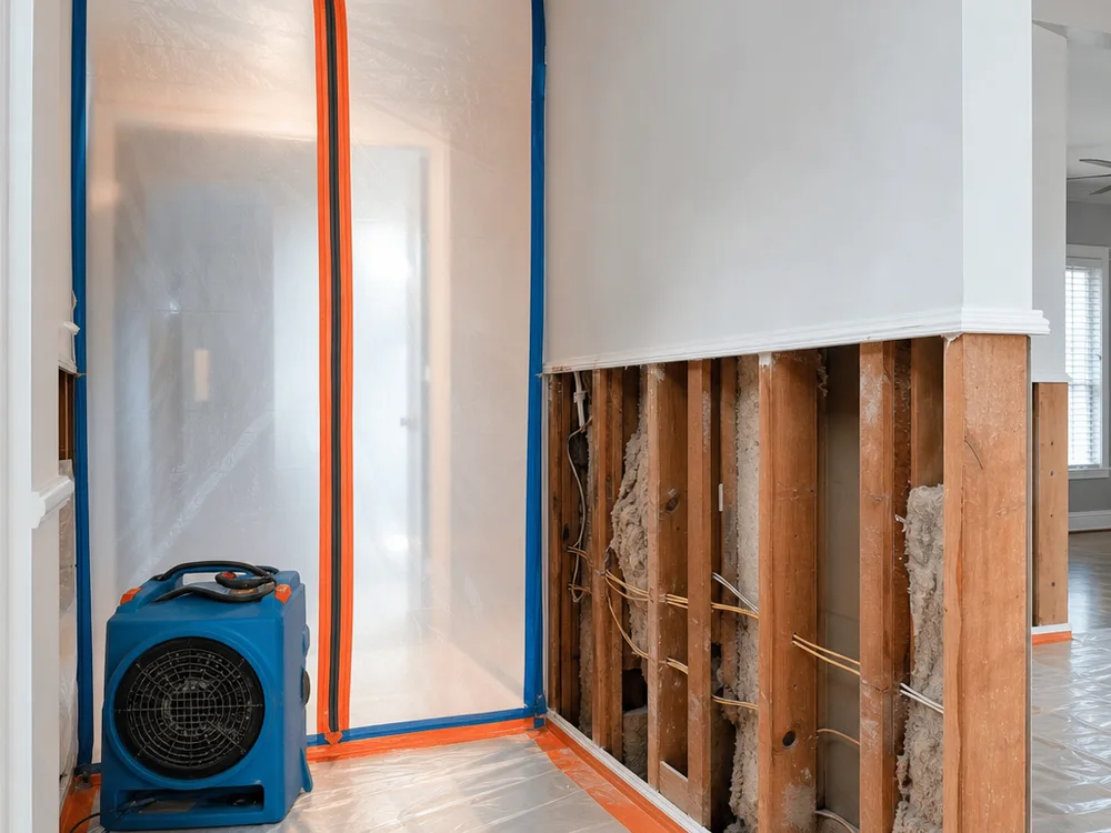 Contained hallway work area with plastic sheeting and an air scrubber beside opened drywall