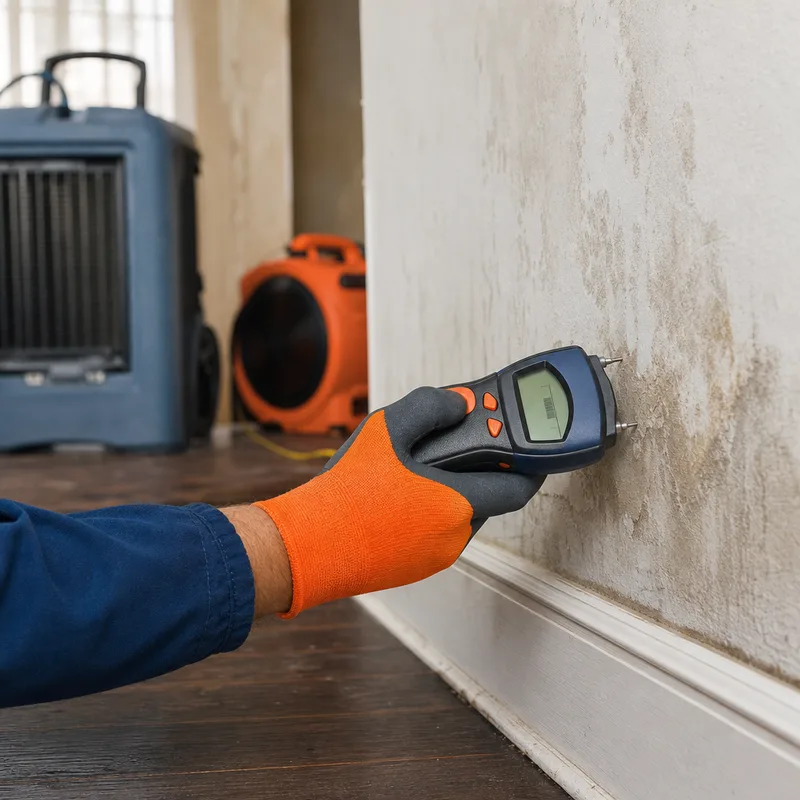 Technician using a moisture meter on drywall and baseboard while drying equipment runs nearby