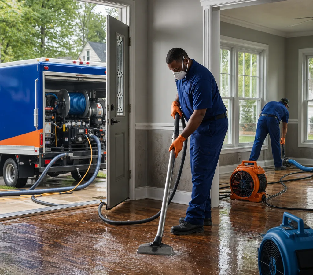 Technicians using a truck-mounted extractor and air movers inside an Atlanta home with wet flooring
