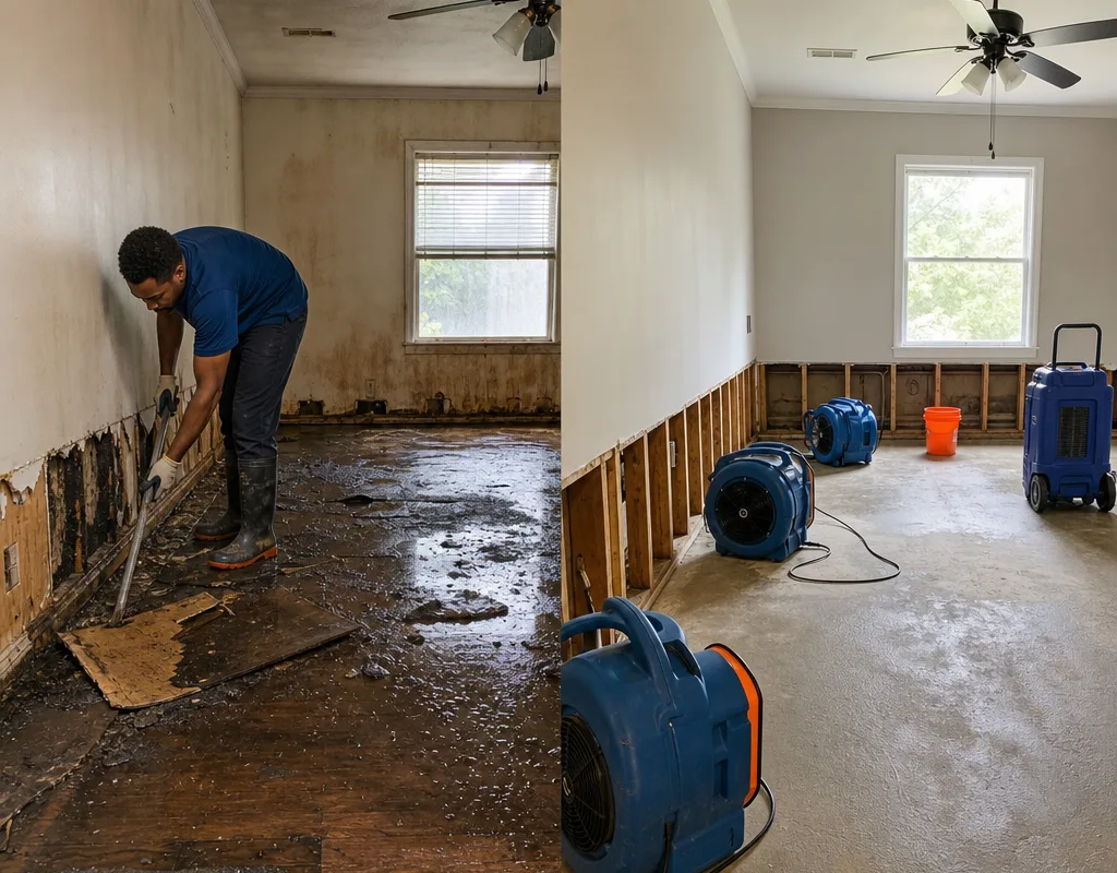 Before-and-after comparison of a water-damaged room and the stabilized drying area