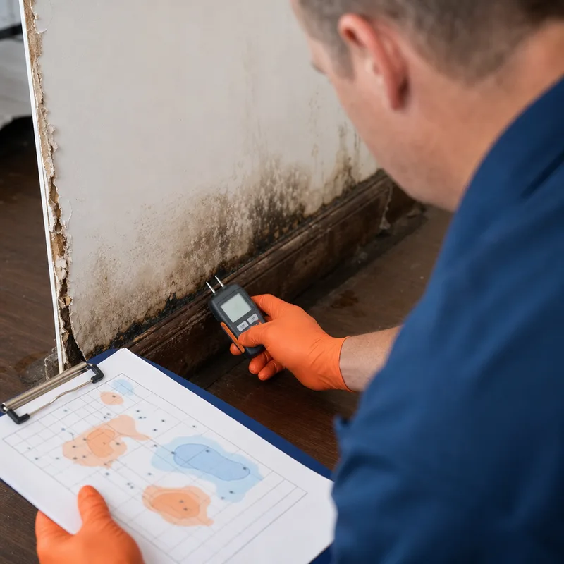 Technician taking a pin-meter moisture reading near a soaked baseboard with a moisture map