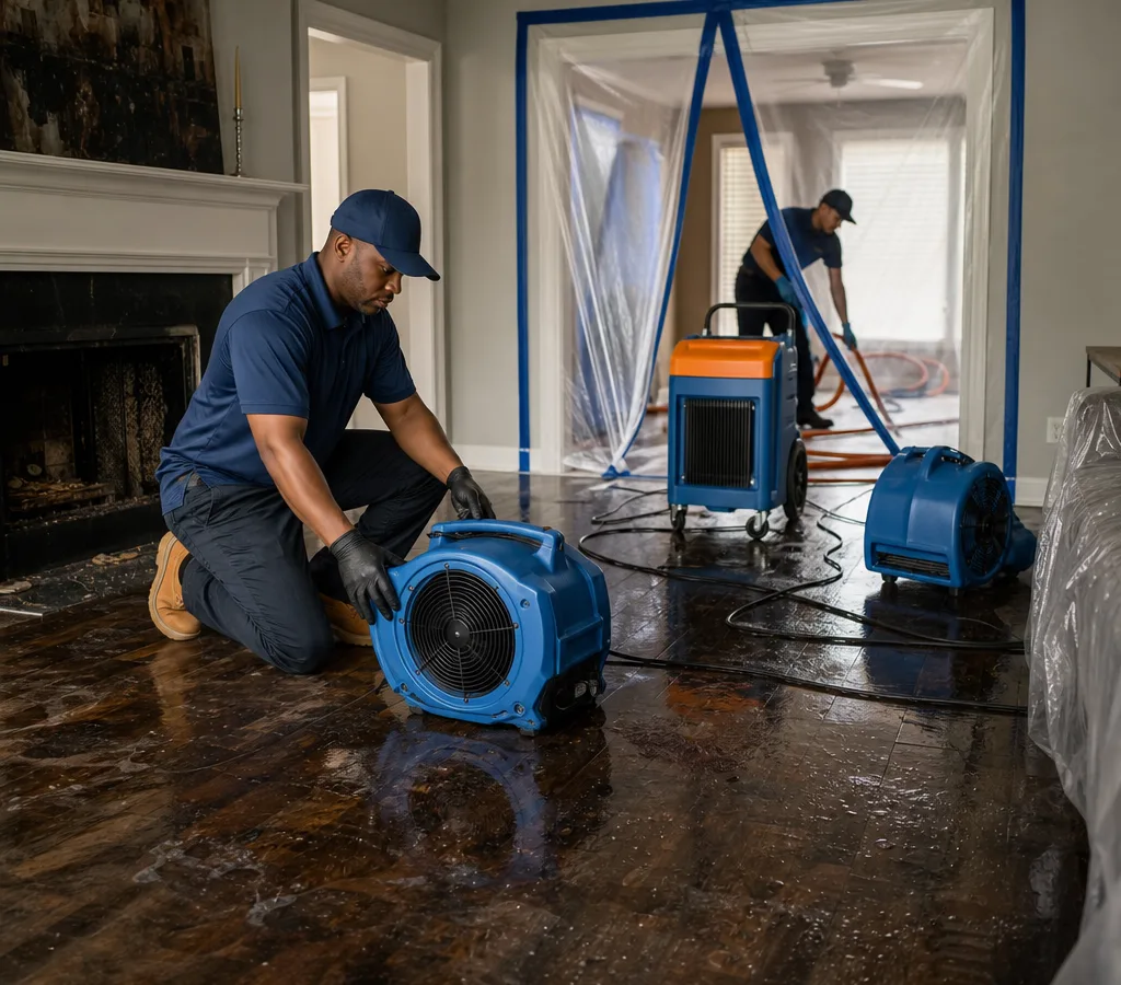 Technicians setting up air movers and a dehumidifier in an Atlanta home after a water loss