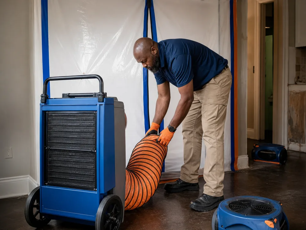 Dehumidifier and air movers arranged for directional airflow in a contained room