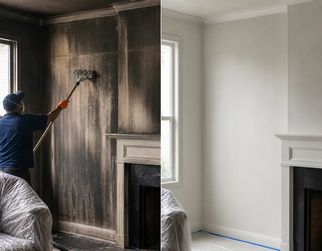 Before and after view of a smoke-stained living room wall and ceiling after soot cleaning and sealing preparation