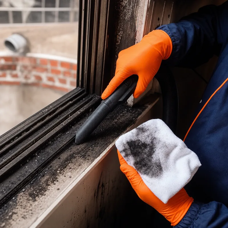 Close-up of soot removal from a window frame and sill using HEPA vacuuming and cleaning solution