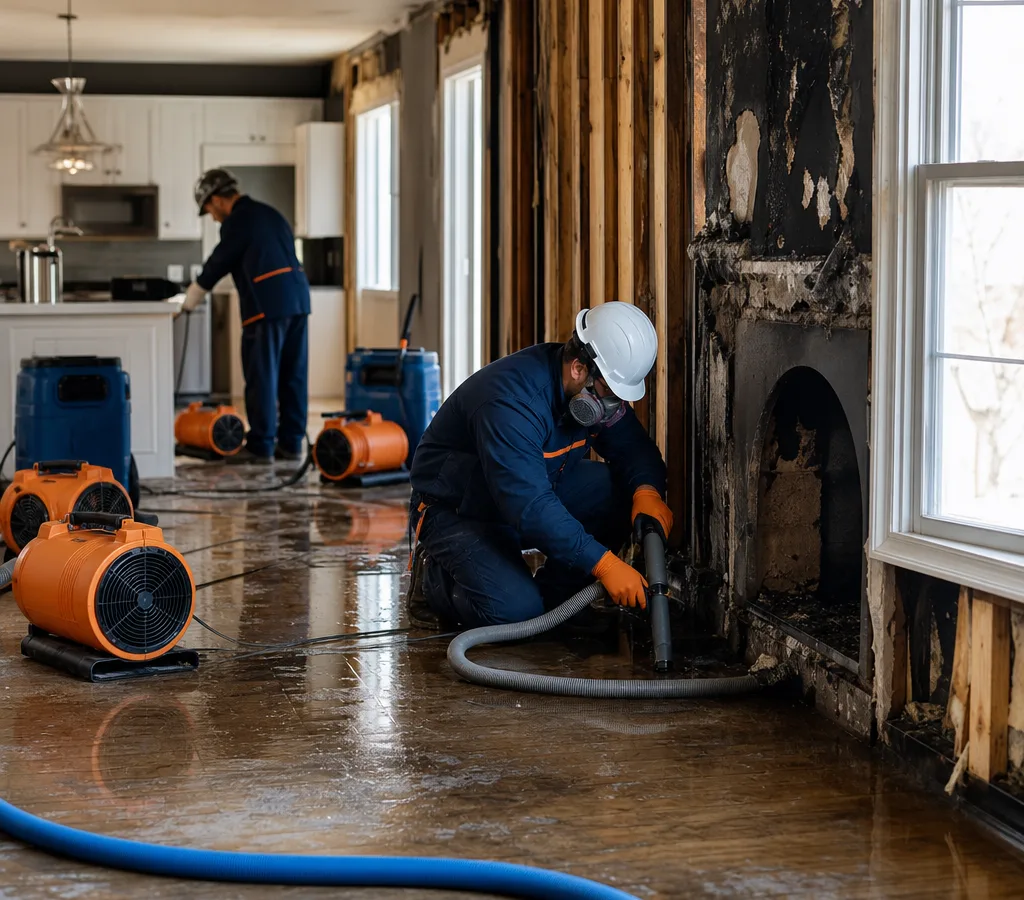 Technicians in PPE working inside an Atlanta home after a fire with water extraction equipment and air movers staged for structural drying