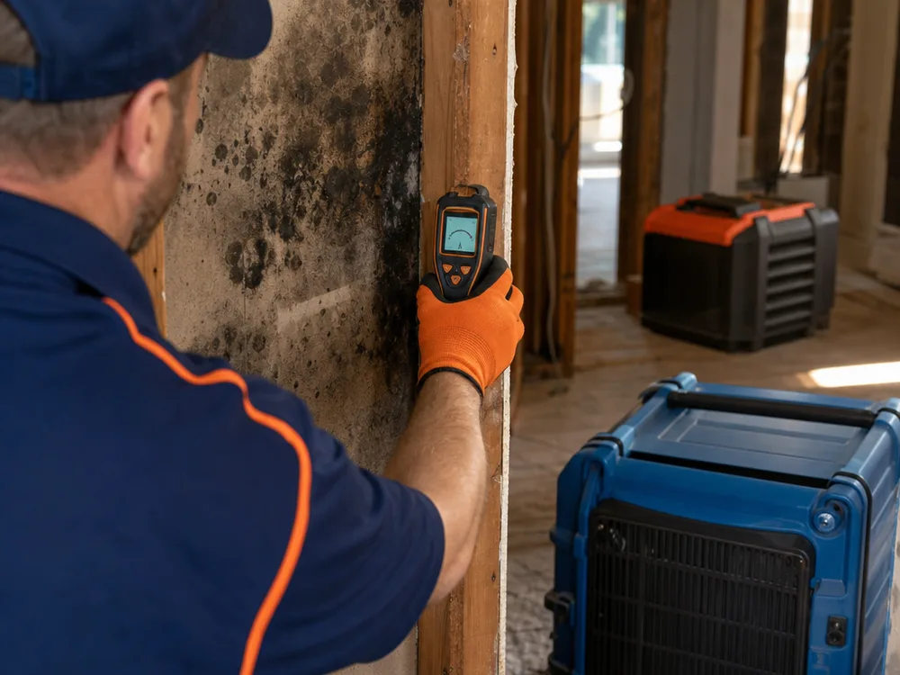 Moisture meter reading on a stud wall beside soot-stained drywall with drying and HEPA filtration equipment operating