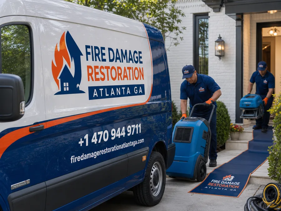 Technician placing air movers along a wet wall with containment and floor protection in place