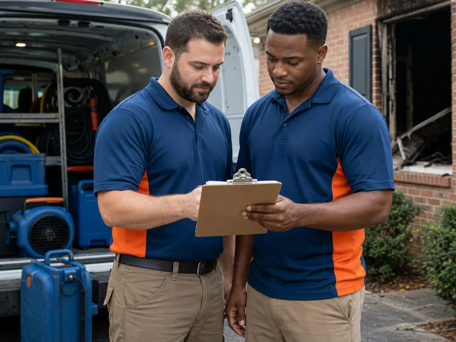 Two-person Atlanta restoration crew reviewing a written scope beside their work van