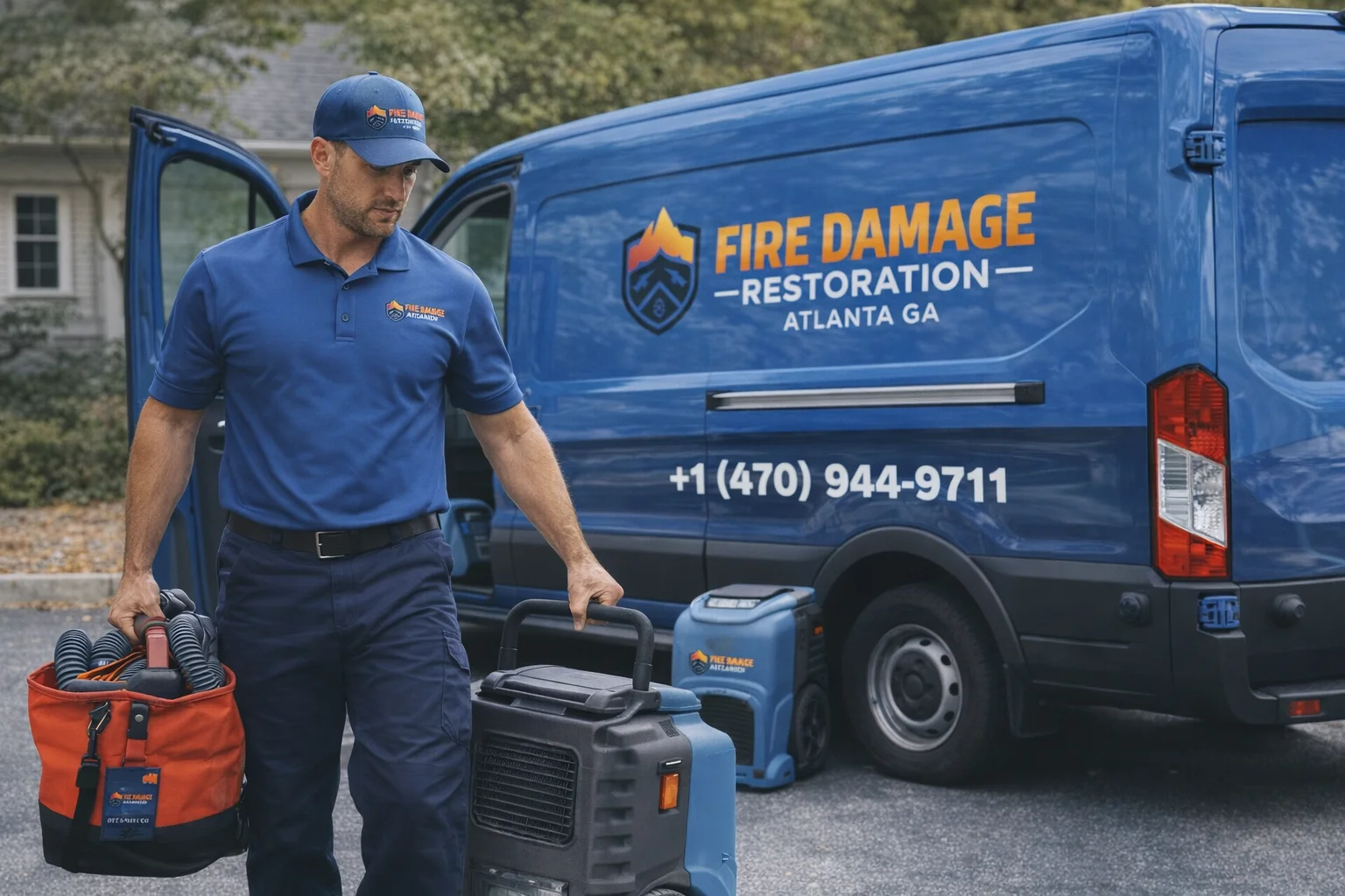 Restoration technician responding after a house fire in Atlanta, GA